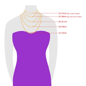 May include: Diagram showing different necklace lengths in inches and centimeters, with a model wearing a gold chain necklace. The lengths are 14 inches/35 cm, 16 inches/40 cm, 18 inches/45 cm, 20 inches/50 cm, and 22 inches/55 cm.
