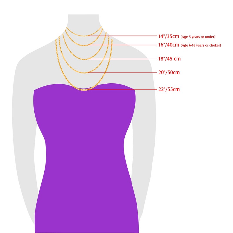 May include: Diagram showing different necklace lengths in inches and centimeters, with a model wearing a gold chain necklace. The lengths are 14 inches/35 cm, 16 inches/40 cm, 18 inches/45 cm, 20 inches/50 cm, and 22 inches/55 cm.