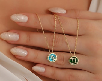 Sterling Silver Zodiac Birthstone Necklace, Personalized Astrology Name Jewelry, Gift for Christmas