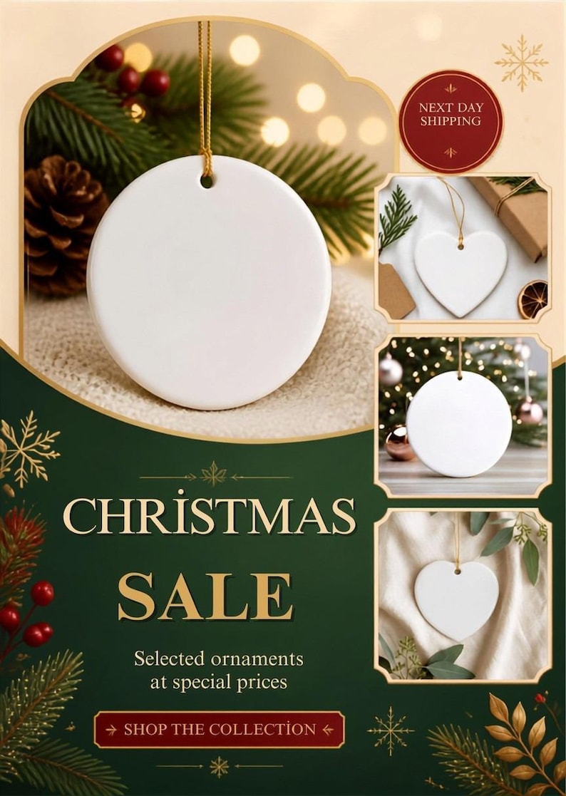 May include: A collection of blank white ceramic ornaments in round and heart shapes, each featuring a small hole at the top for hanging with a gold string. The display includes text reading CHRISTMAS SALE, Selected ornaments at special prices.