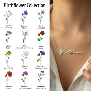May include: A silver necklace with a delicate flower charm and a personalized nameplate that reads "Olivia". The necklace is displayed against a white background with a chart of birth flowers for each month of the year.