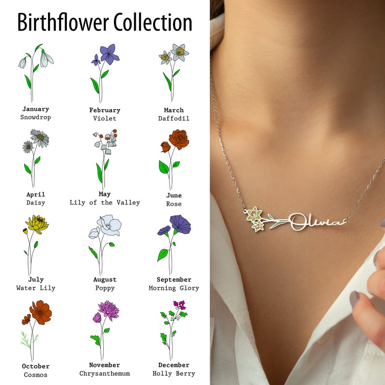 May include: A silver necklace with a delicate flower charm and a personalized nameplate that reads "Olivia". The necklace is displayed against a white background with a chart of birth flowers for each month of the year.