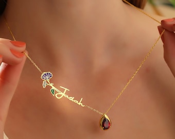 Birth Flower with Birthstone Necklace: Personalized Name Jewelry, Custom Birthday Gift for Her