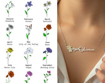 Minimalist Custom Name Necklace Birthday Flower Gift for Daughter, Horizontally Name Necklace with 925k Silver, Personalized Gift for Her