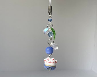 blue lucky cat phone charm | cat charm | phone accessories | leaf charm | handmade