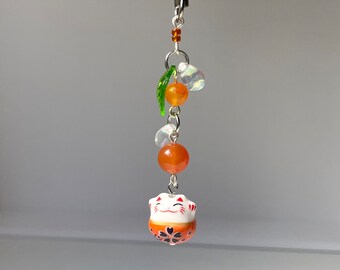 orange lucky cat phone charm | phone accessories | cat charm | leaf charm | handmade | beaded phone charm