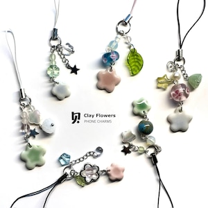Handmade Clay Phone Charm: Beaded Porcelain Flower Pendant