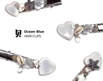 Ocean Blue Heart Hair Clip: Handmade Clay Charm Alligator Clip