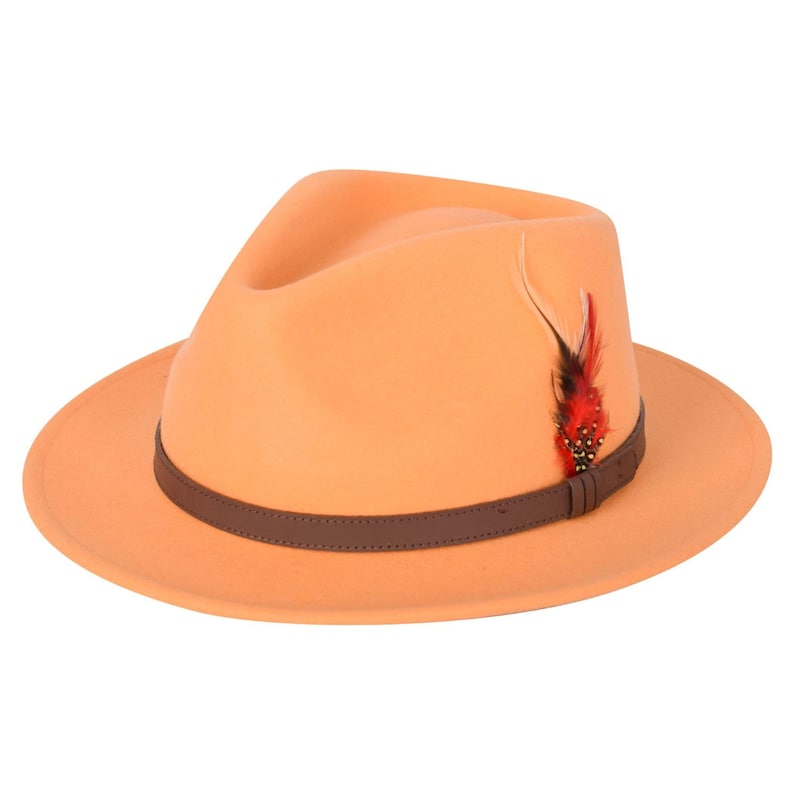 Chapeau Fedora unisexe 100 % laine à large bord bordure en plumes fait main élégant rétro 5 tailles Orange