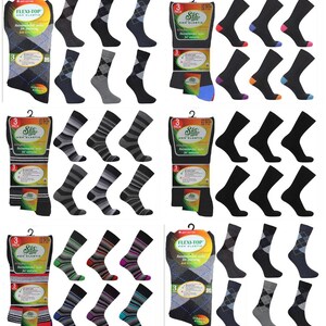 May include: A variety pack of men's socks with different patterns and colours. The socks are all non-elastic and have a flexi-top. The pack includes 3 pairs of socks.