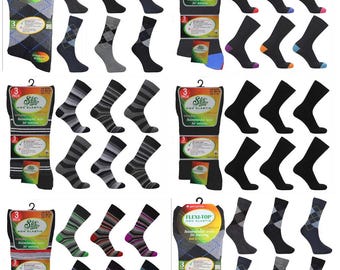 Mens Diabetic Socks Soft Cotton Rich Random Design – Non-Elastic Loose Top Comfort Cuff – Multipack Bulk Socks UK 6-11