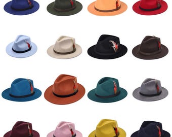 Fedora Hat Unisex 100% Wool Wide Brim Feather Trim Handmade Stylish Retro 5 Sizes