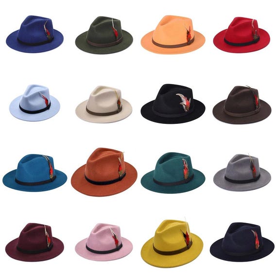 Fedora Hat Unisex 100% Wool Wide Brim Feather Trim Handmade Stylish Retro 5 Sizes