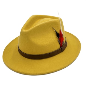 Chapeau Fedora unisexe 100 % laine à large bord bordure en plumes fait main élégant rétro 5 tailles Mustard
