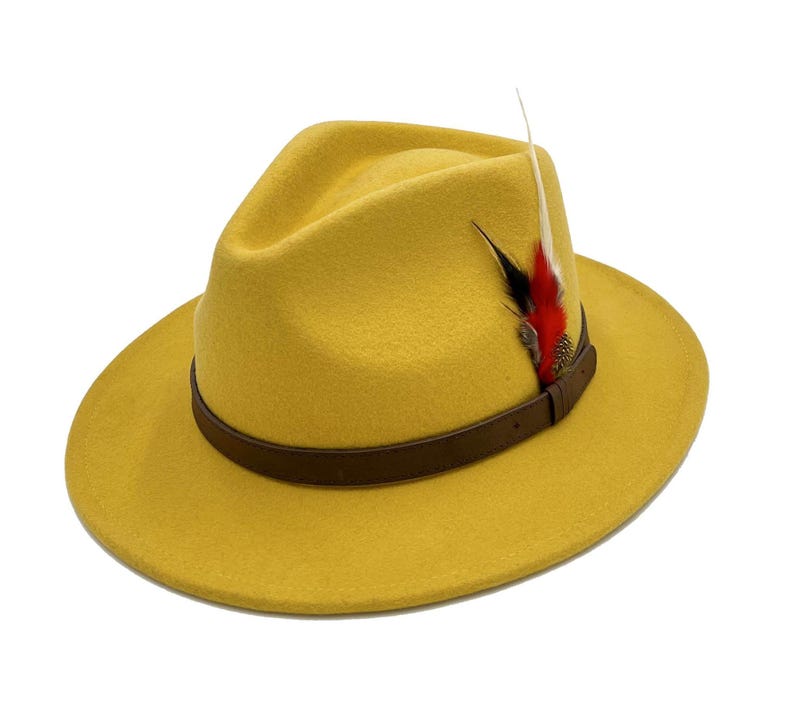Chapeau Fedora unisexe 100 % laine à large bord bordure en plumes fait main élégant rétro 5 tailles Mustard