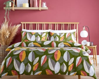 Bodenham Duvet Cover With Pillowcases Set - Soft Polycotton Reversible Leaf Print - Leaves Design Quilt Bedding Set