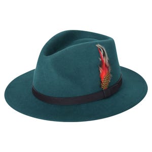 Chapeau Fedora unisexe 100 % laine à large bord bordure en plumes fait main élégant rétro 5 tailles Forest Green