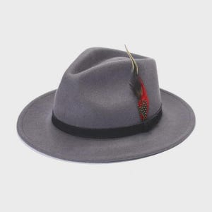 Peut inclure: Un chapeau fedora gris avec un bandeau noir et une plume d&eacute;corative. Le chapeau a un design classique avec un large bord et une couronne pinc&eacute;e. La plume est rouge, noire et jaune.