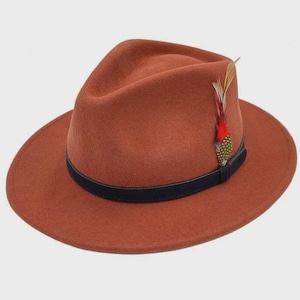 Peut inclure: Un chapeau fedora de couleur rouille avec une bande noire et une plume d&eacute;corative. Le chapeau a un large bord et un design classique. La plume est rouge, dor&eacute;e et verte.