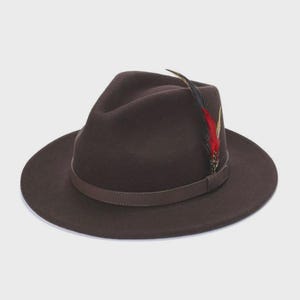 Peut inclure: Un chapeau fedora marron fonc&eacute; avec un bandeau en cuir et une plume d&eacute;corative. Le chapeau a un large bord et une forme classique. La plume est rouge, noire et jaune.