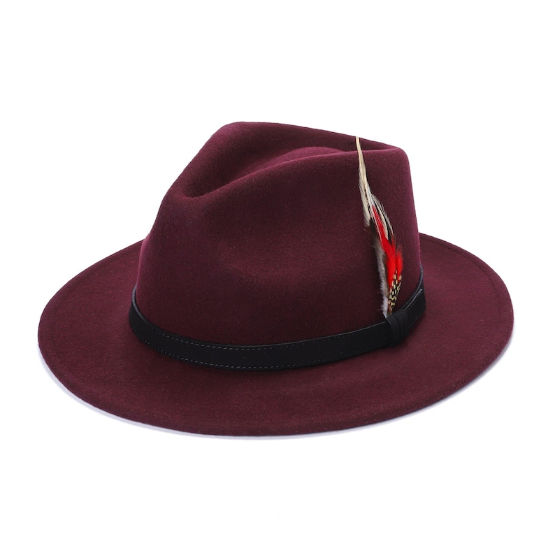 Chapeau Fedora unisexe 100 % laine à large bord bordure en plumes fait main élégant rétro 5 tailles Wine