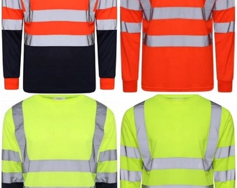 Hi Viz Vis Crew Neck T Shirt Long Sleeve Reflective Safety Security Workwear Top