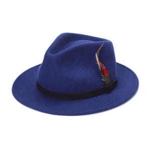 Chapeau Fedora unisexe 100 % laine à large bord bordure en plumes fait main élégant rétro 5 tailles Royal Blue