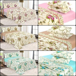 May include: A set of four floral patterned bed sheets in various colours, including pink, beige, and blue. The sheets feature a delicate floral design with a white background. The sheets are shown on beds with matching pillowcases.