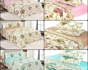4pc Floral Printed Flannel Sheets Set (Fitted Sheet + Flat Sheet + Pillowcases) 100% Brushed Cotton Flannelette Bedding Set