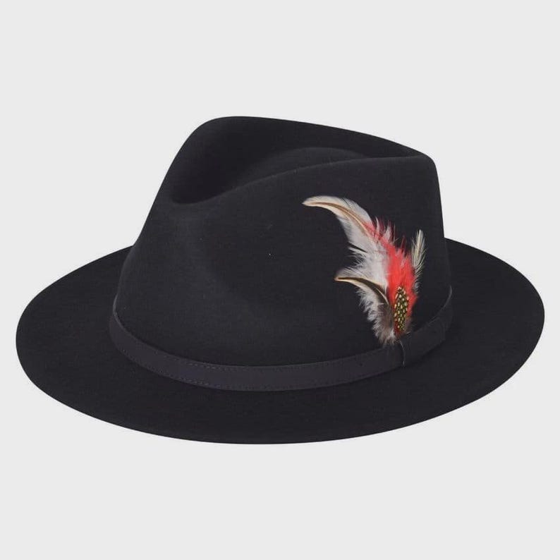 Peut inclure: Un chapeau fedora noir avec une bande sombre et une plume d&eacute;corative. La plume a des accents rouges, blancs et jaunes. Le chapeau a un large bord et un design classique.