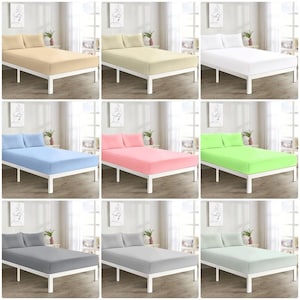 May include: Nine different coloured fitted bed sheets on a white bed frame. The colours are beige, white, light blue, pink, light green, grey, and light mint green.