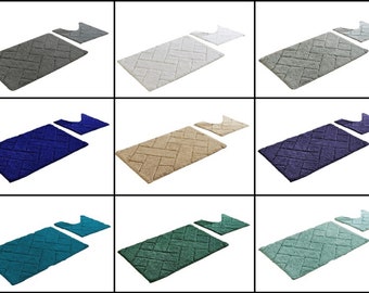 2-Piece 100% Cotton Bali Bath & Pedestal Mat Set - Extra Absorbent Anti-Slip Bathroom Mats - Non-Slip Toilet Floor Rug (50x80cm + 45x50cm)