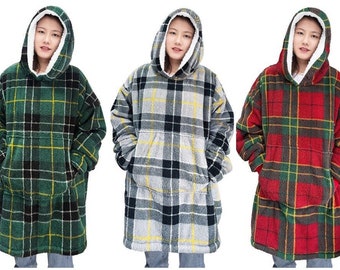 Cozy Warm Tartan Oversized Hoodie Sherpa Lined Reverse Wearable Hooded Blanket Soft Outer Flannel