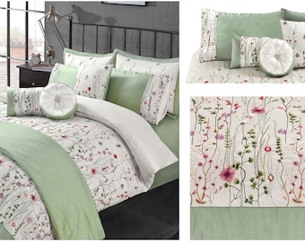 Embroidered Arabella Duvet Quilt Cover Bedding Set with Matching Pillowcases, Bed Throw with Pillow shams & Filled Cushions Bed Linen Set