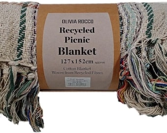 Recycled Picnic Blanket Check Stripe Woven Cotton Indoor Outdoor Throw 127x152cm