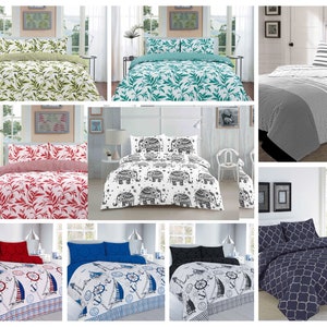 Luxury Colourful Printed Duvet Cover Set with Two Matching Pillow Cases - Poly Cotton Linen Bed Sets