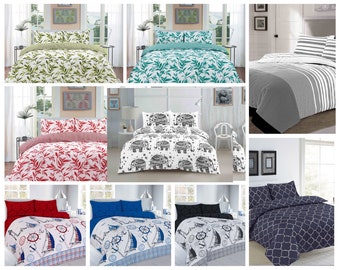 Luxury Colourful Printed Duvet Cover Set with Two Matching Pillow Cases - Poly Cotton Linen Bed Sets