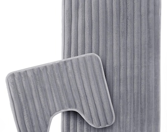 2 Piece Ribbed Bath Mat & Pedestal Mat Set - Non-Slip Plush Bath Rug Toilet Mats - Washable Easy Care Commode Mats