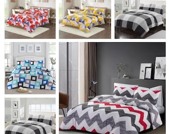Luxury Colourful Printed Duvet Cover Set with Two Matching Pillow Cases - Poly Cotton Linen Bed Sets