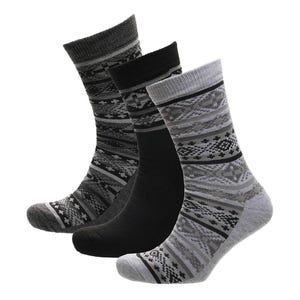 May include: Three pairs of crew socks in shades of gray and black. Each sock features a patterned design with geometric shapes and stripes. The socks are made of a soft material and are suitable for everyday wear.