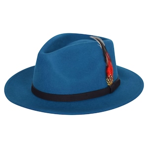 Chapeau Fedora unisexe 100 % laine à large bord bordure en plumes fait main élégant rétro 5 tailles Teal