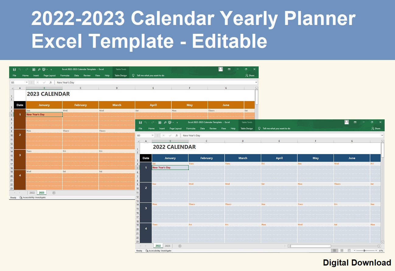 Calendar 2022 Calendar 2023 Yearly Planner Excel Template - Etsy