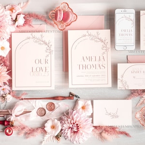 Boho Blush Pink wedding Invitations Set Template, Instant Download Printable Invites Home Printing, Simple  Wedding Invitation Card, WB14