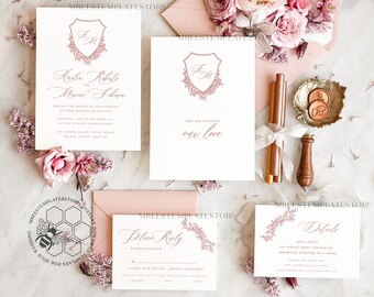Rustic wedding Invitations Set Template, Instant Download Printable Invites Home Printing,Simple Elegant Wedding Invitation Card Set WRoses8