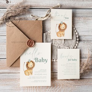 Baby Shower Boy Invitation Template download, Lion suite Baby Shower Boy Invitations Set,  Printable Invites Home Printing Boho Cards