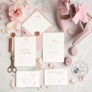 Elegant Blush wedding Invitation Template, Instant Download Printable Invites Home Printing, Pink Wedding Invitation Set Template Cards Set