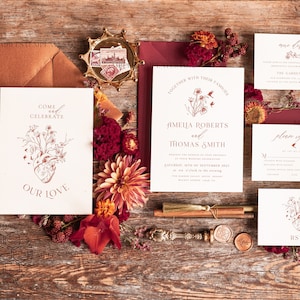 Boho fall wedding Invitations Set Template, Instant Download Printable Invites Home Printing, Terracotta Autumn Fine Art Invitation Card Set