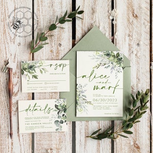 Sage Green wedding invitation template, Instant download Greenery Wedding Invites, Eucalyptus Garden Wedding Invitations Set Printable