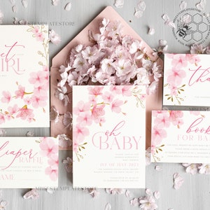 Cherry Blossom Baby Shower Invitation Template download suite, Baby Girl Invitations Set,  Printable Invites Home Printing Simple Boho Cards
