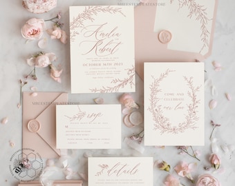 May include: Wedding invitation suite with a blush pink and cream color scheme. The invitation features a delicate floral wreath with the text "Amelia and Robert" in a script font. The RSVP card has a floral design and the text "RSVP" in a script font. The details card has a floral design and the text "details" in a script font. The text "Come and celebrate our love" is on a separate card with a floral wreath.